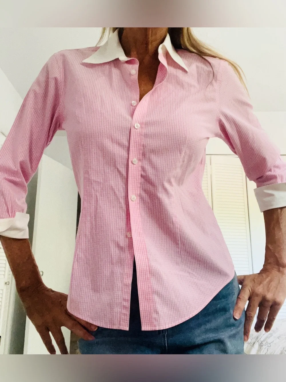 BROOKS BROTHERS Non-Iron Pink White Gingham 3/4 Sleeve Shirt 2